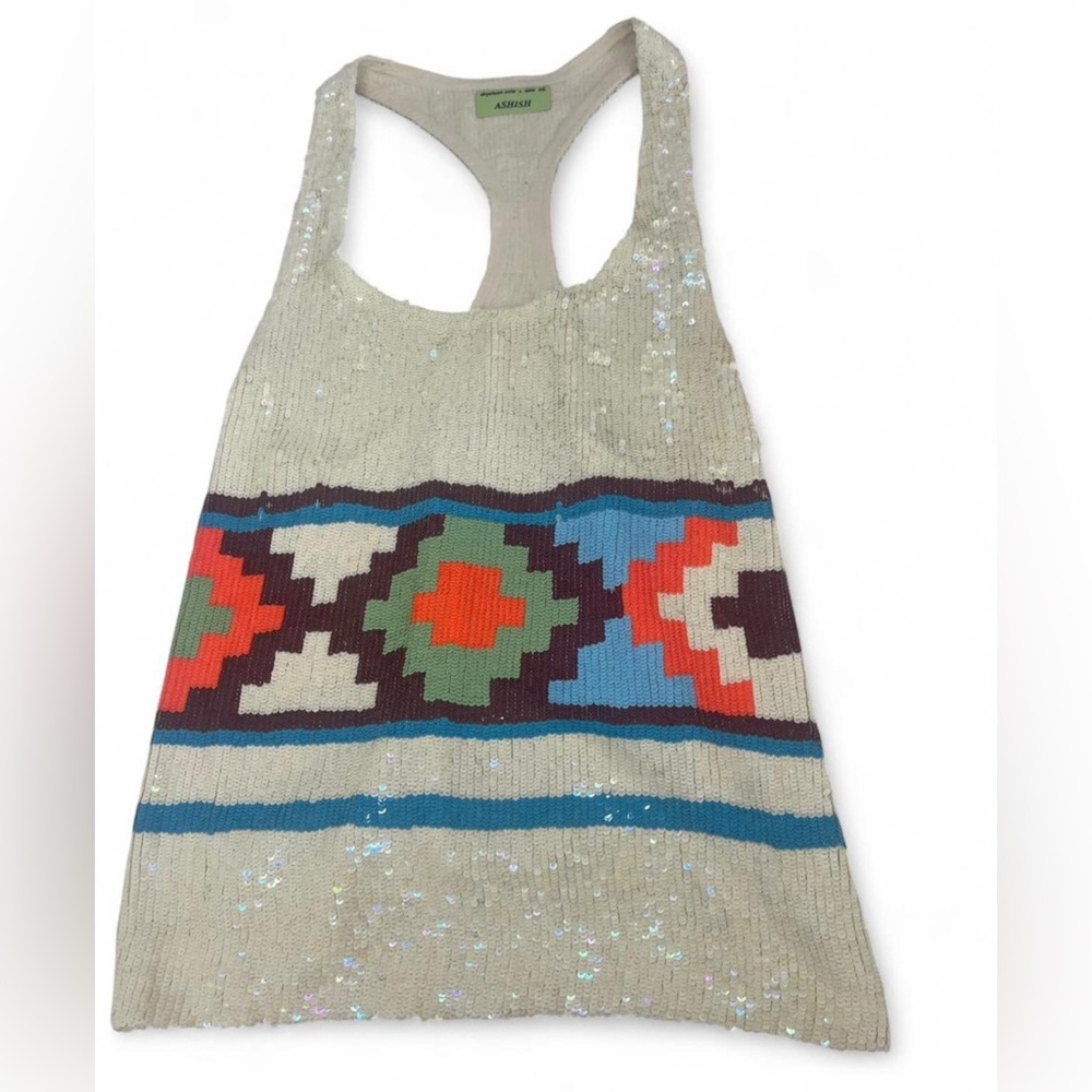 Ashish Cream Sequin Racerback Tank with Multicolor Aztec Band